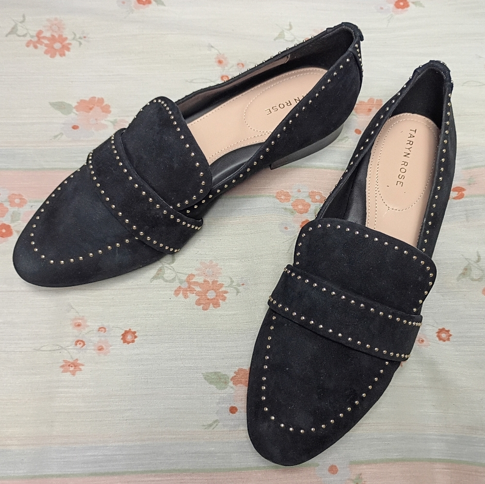 ❤️TARYN ROSE BLACK STUDDED SUEDE BRISTOL LOAFERS SHOES SIZE 10 B 40.5